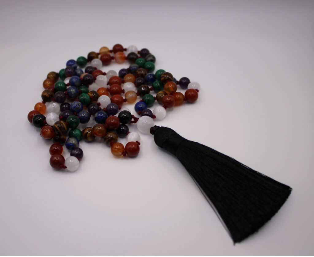 Hand-Tied 7 Chakra Mala Beads with Selenite & Black Tourmaline from Tamworth Reiki Hand Made