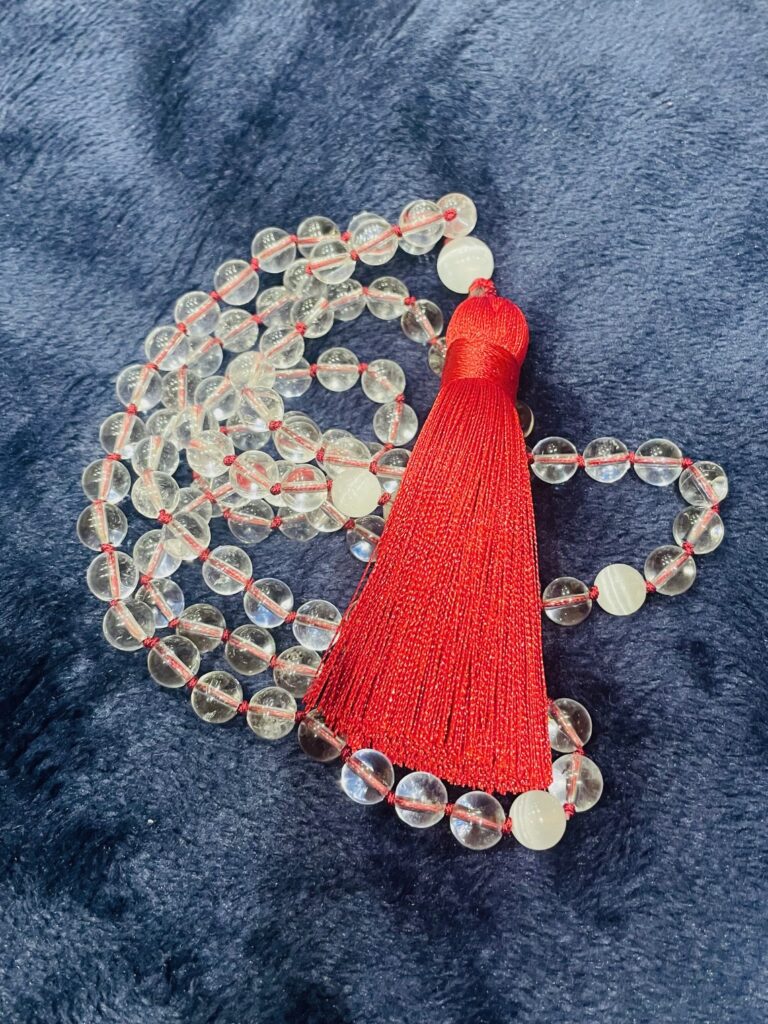 Hand-Tied Clear Quartz & Selenite Mala Beads - Red Tassel - made by Tamworth Reiki