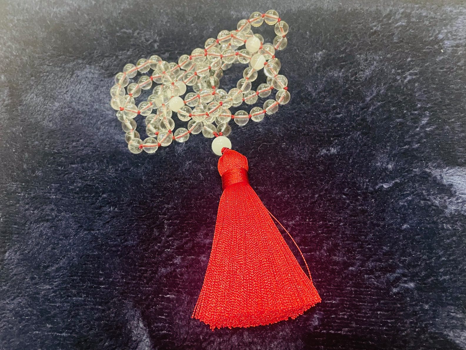 Hand-Tied Clear Quartz & Selenite Mala Beads - Red Tassel